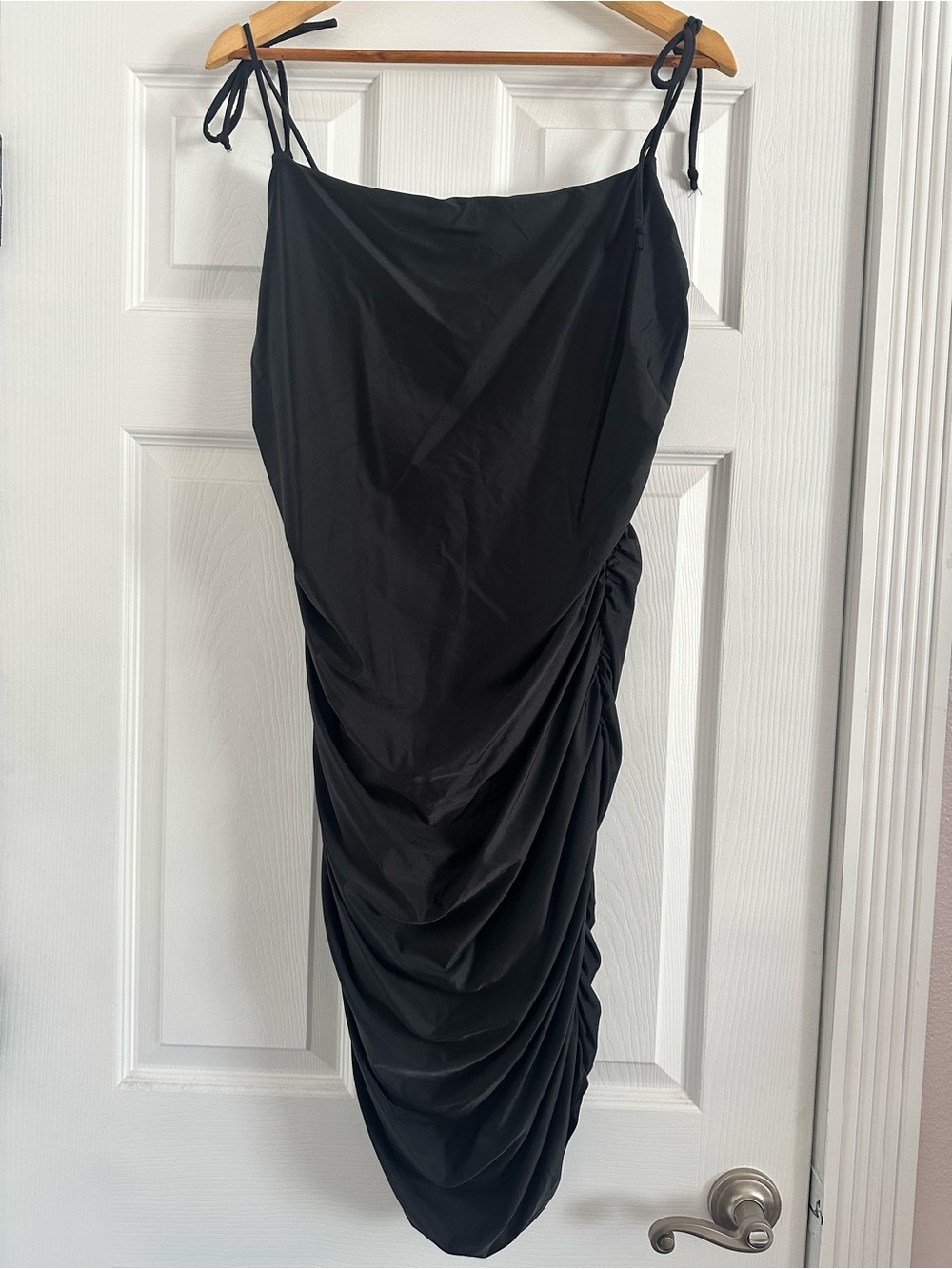Good American Black Ruched Tie-Shoulder Mini Dress